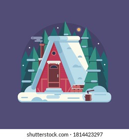 Winter scene with rural snow house with smoking chimney on forest background. Cozy cabin or traditional farm home on countryside area.
