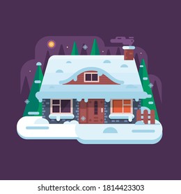 Winter scene with rural snow house with smoking chimney on forest background. Cozy cabin or traditional farm home on countryside area.