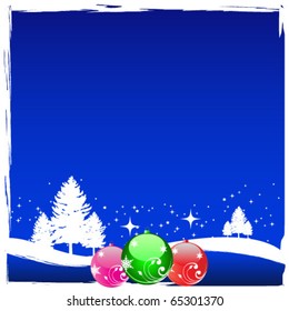 Winter scene with shiny christmas balls