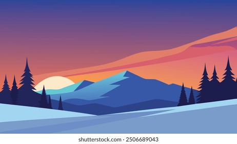 Winter scene showcasing snow-laden trees against a backdrop of a bright, colorful sky flat vector illustration