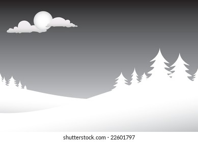 A winter scene with silhouette of pine trees on a snowy night and lots of copyspace.  This vector is fully customizable.