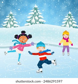 Winter scene with skating children. Illustration of kids having fun in the winter skating rink. Children boy and girl on the winter ice-skating rink. vector illustration