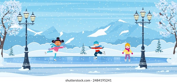 Winter scene with skating children. outdoor ice rink for skating and fun winter activities. cartoon frozen landscape with mountain. Winter day park scene. Vector illustration in flat style