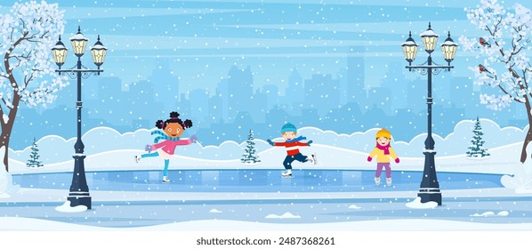 Winter scene with skating children. outdoor ice rink for skating and fun winter activities. cartoon frozen landscape. Winter day park scene. Vector illustration in flat style