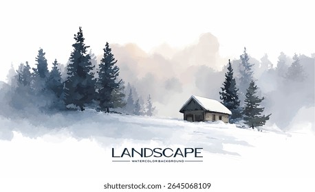 Winter scene with a small cabin in a snowy landscape.