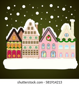Winter scene with small house in a snowy in a sketch style. A Very Merry Christmas hand lettering with sketched fir trees on the pattern background. Vector illustration.