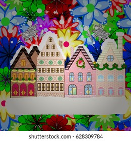 Winter scene with small house in a snowy in a sketch style. A Very Merry Christmas hand lettering with sketched fir trees on the pattern background. Vector illustration.