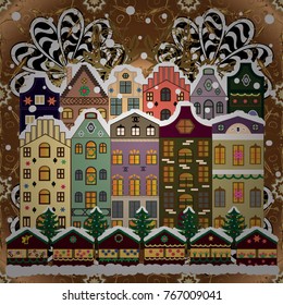 Winter scene with small house in a snowy in a sketch style. A Very Merry Christmas hand lettering with sketched fir trees on the pattern background. Vector illustration.