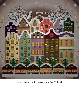Winter scene with small house in a snowy in a sketch style. A Very Merry Christmas hand lettering with sketched fir trees on the pattern background. Vector illustration.