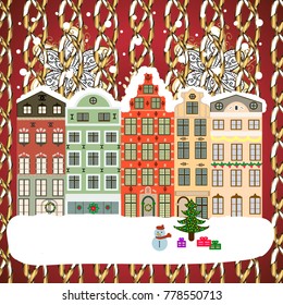 Winter scene with small house in a snowy in a sketch style. A Very Merry Christmas hand lettering with sketched fir trees on the pattern background. Vector illustration.