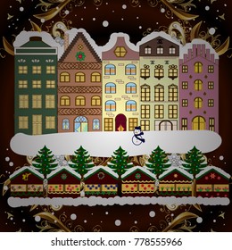 Winter scene with small house in a snowy in a sketch style. A Very Merry Christmas hand lettering with sketched fir trees on the pattern background. Vector illustration.