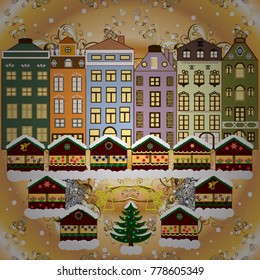 Winter scene with small house in a snowy in a sketch style. A Very Merry Christmas hand lettering with sketched fir trees on the pattern background. Vector illustration.