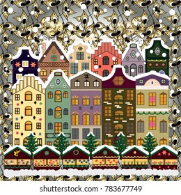 Winter scene with small house in a snowy in a sketch style. A Very Merry Christmas hand lettering with sketched fir trees on the pattern background. Vector illustration.