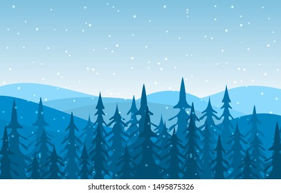 Winter Scene Snow Landscape with Pine Trees Mountain Vector Illustration