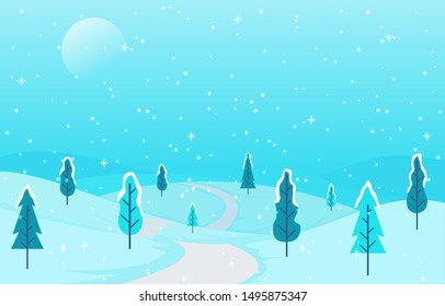 Winter Scene Snow Landscape With Pine Trees Mountain Vector Illustration