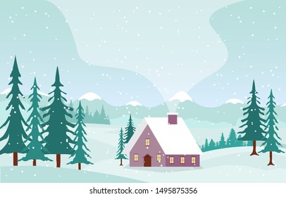 Winter Scene Snow Landscape with Pine Trees Mountain Vector Illustration