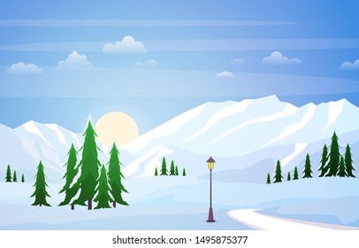Paisaje de nieve de la escena del invierno con la Ilustración vectorial de montaña de los pinos