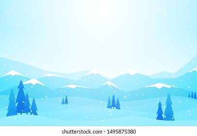 Winter Scene Snow Landscape with Pine Trees Mountain Vector Illustration