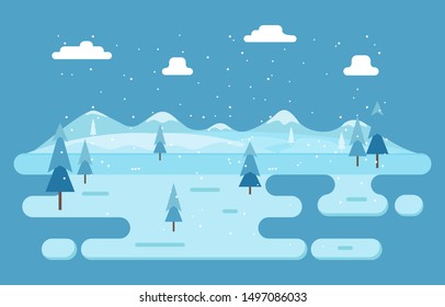 Winter Scene Snow Landscape with Pine Trees Mountain Simple Illustration