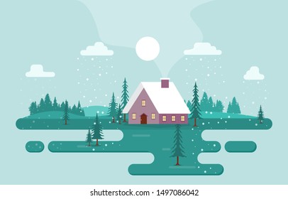 Winter Scene Snow Landscape with Pine Trees Mountain Simple Illustration