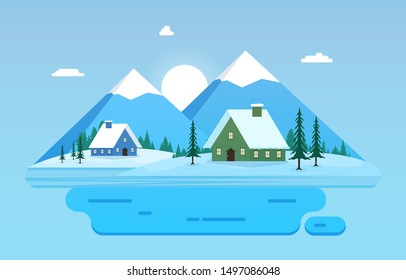 Winter Scene Snow Landscape with Pine Trees Mountain Simple Illustration