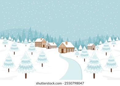 Winter Scene Snow Landscape with Pine Trees Mountain Vector Illustration