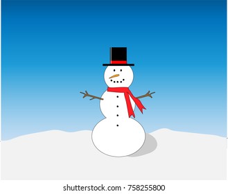 Winter scene with snow on the ground, a snowman with black top hat, carrot nose, coal eyes buttons, tree branch sticks for arms, and red scarf.