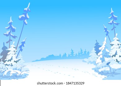 Winter scene with snow. Snow-covered trees on the background of the forest. Snowdrifts sparkling in the cold and frozen fir trees. Christmas scene. Vector illustration.