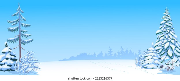 Winter scene with snow. Snow-covered trees on the background of the forest. Snowdrifts sparkling in the cold and frozen fir trees. Christmas scene. Vector illustration.