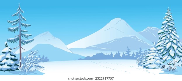 Winterszene mit Schnee. Schneebedeckte Bäume auf dem Hintergrund des Waldes. Schneeflocke glitzern in den kalten und gefrorenen Tannenbäumen. Weihnachtsszene. Vektorgrafik.