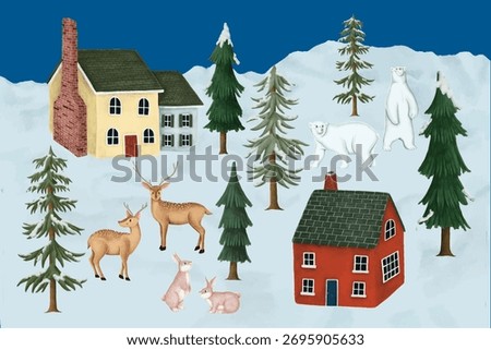 Winter scene with snow, trees, and animals. Houses, deer, polar bears, and rabbits in a snowy landscape. Cozy homes, wildlife, and winter scenery. Winter illustration vector.