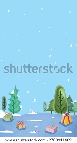 Winter scene with snow, trees, and gifts. Snowflakes fall gently. Trees are decorated with snow. Colorful gifts are scattered. Winter, snow, gifts, trees. Christmas illustration vector.