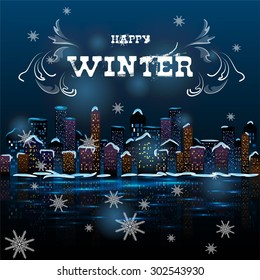 winter scene with snowflakes falling over city rooftops illuminated with christmas lights in eps 10 format