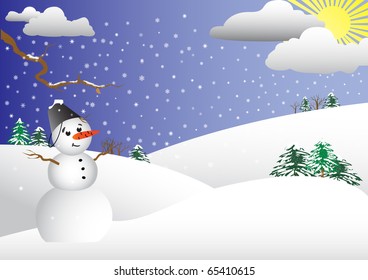 Winter scene with a snowman in the foreground. vector illustration.