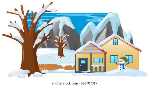 Winter scene with snowman in front of house illustration