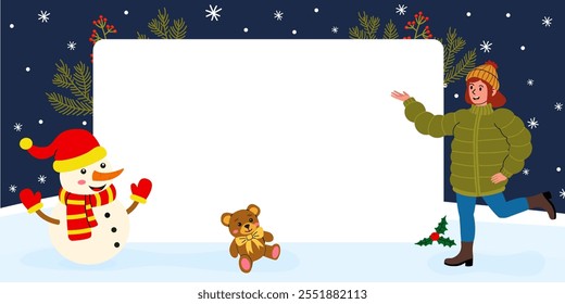 Winter scene with a snowman, girl, and teddy bear in a snowy landscape