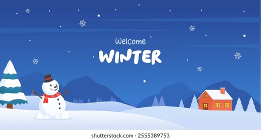 A winter scene with a snowman, house, trees, and snowflakes is perfect for winter-themed designs, holiday greeting cards, and seasonal illustrations.