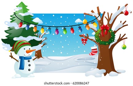 Winter scene with snowman and lights illustration
