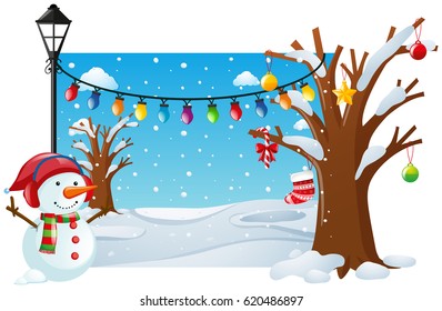 Winter scene with snowman and lights illustration
