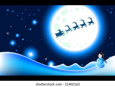 A winter scene with a snowman and santa. Vector illustration