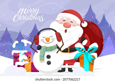 Winter scene snowy among pine trees Santa Claus, snowman and giftbox. Banner vector illustration flat design for Holiday cards, invitations and website. Vector illustration celebration decoration.