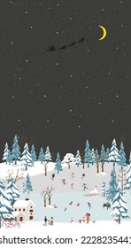 Winter scene with snowy playing kids in the park in small Village,Vector cute cartoon Wonderland forest landscape at Christmas night, Vertical greeting card or Banner for Christmas or New Year 2023