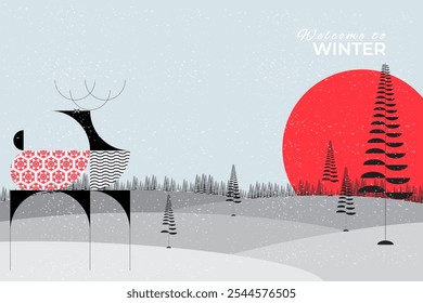 winter scene with a stylized deer in a snowy forest, minimalist  set against a red sun. Abstract trees and gentle snowfall evoke a serene, for winter background or backdrop
