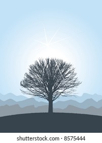 A winter scene with a tree and a blue background