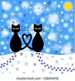 winter scene with two cartoon cats, snowflakes and footprints in the snow