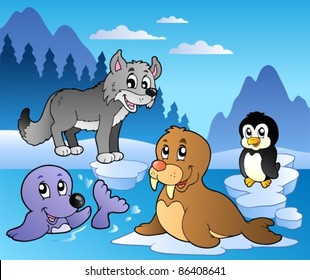 Winter scene with various animals 2 - vector illustration.