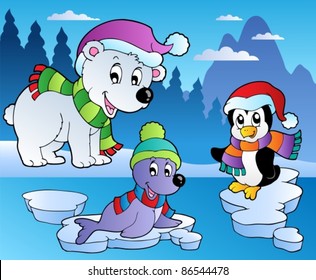 Winter scene with various animals 4 - vector illustration.