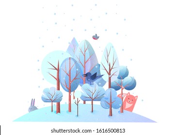 Winter scene, vector illustration of a snowy landscape. A fox and a hare lurked behind a snowdrift. Raven on a branch. Cute animals and trees in a flat style.
