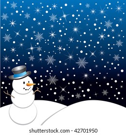 Winter Scene, vector Illustration with starry night and snowflakes.