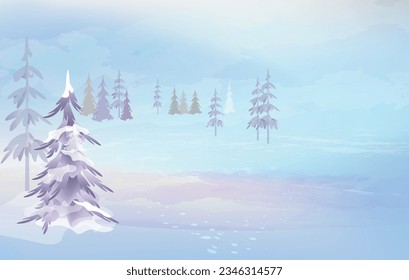 Winter scene vector. Soft and shiny snowy forest. Winter landscape with pine,fir trees. Snow and ice, calming nature background with watercolor textured elements. 